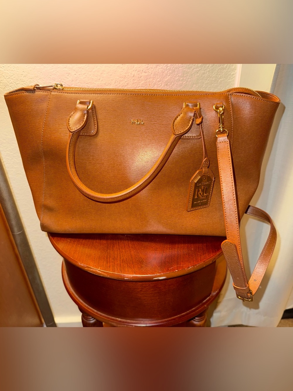 Ralph Lauren Cognac Leather Tote with Removable Strap